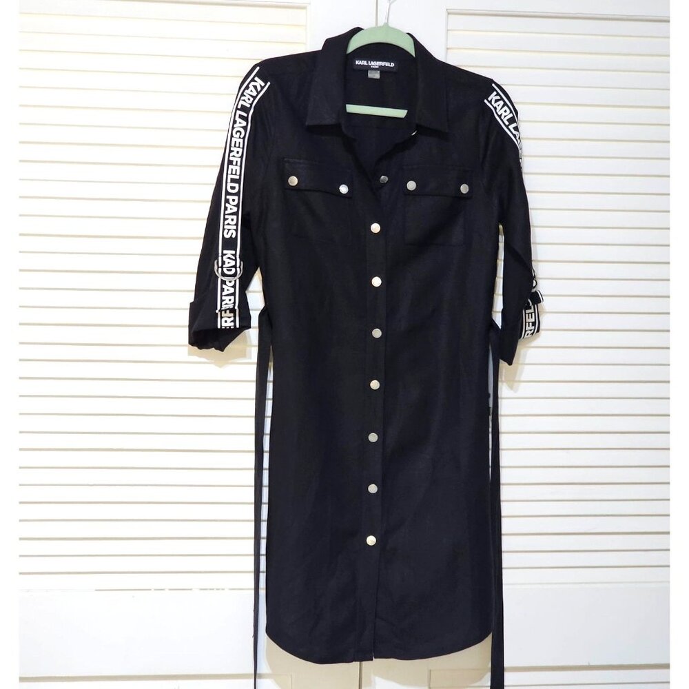 Karl Lagerfeld Paris Women's Black Linen Blend Logo Tape Shirtdress Sz 4 2444 - Picture 14 of 16